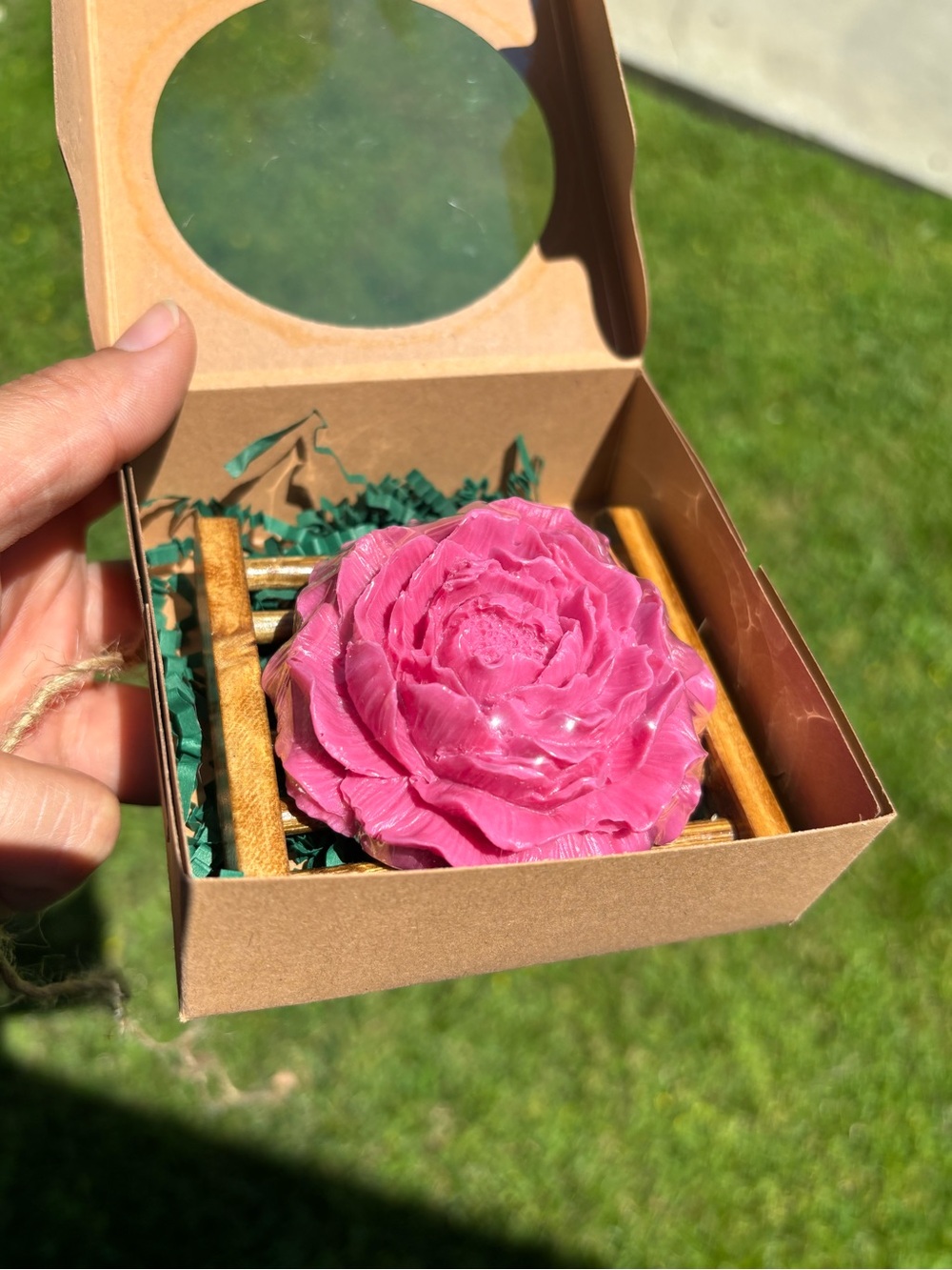 Handcrafted Pink peony natural soap with Wooden Soap Dish - bathroom soap